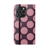 iPhone 15 Pro Vegansk lædercover med pung – Pink Plum Polka Dot-design