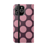 iPhone 16 Pro Max Vegansk lædercover med pung – Pink Plum Polka Dot-design