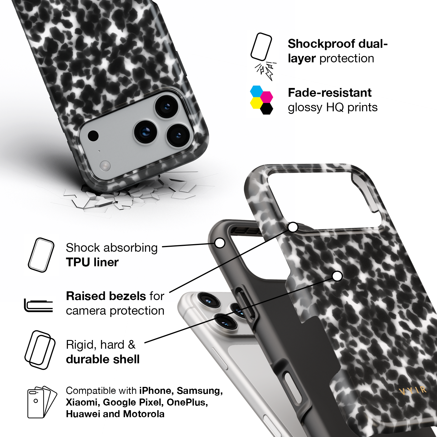Tortoiseshell, Black and White - Shockproof Phone Case - VYIR